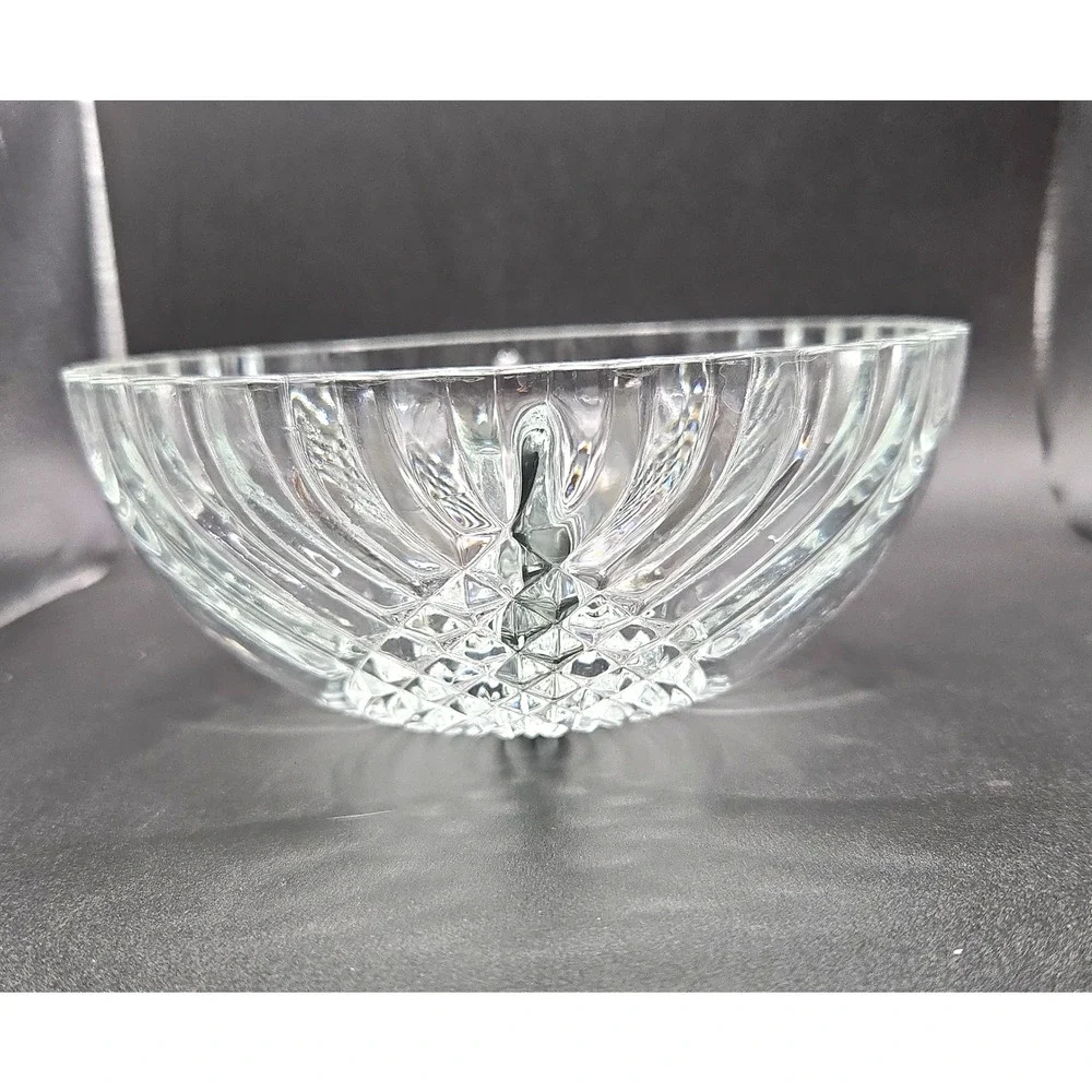 Vintage Clear Glass Oval Divided Relish Candy or Nut Dish Scalloped Ribbed Swirl